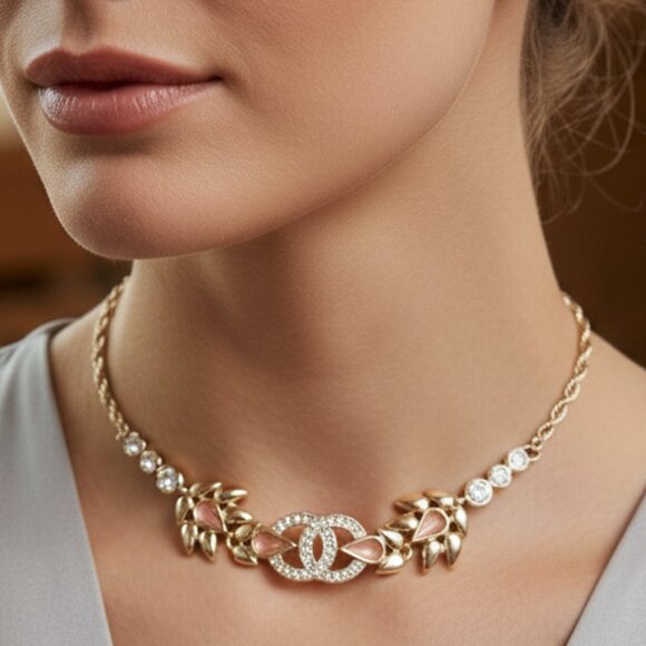 CHANEL Light Gold Hardware Leaf-Shaped Wheat Ear Crystal Inlaid CCS Necklace - Picture 1 of 6